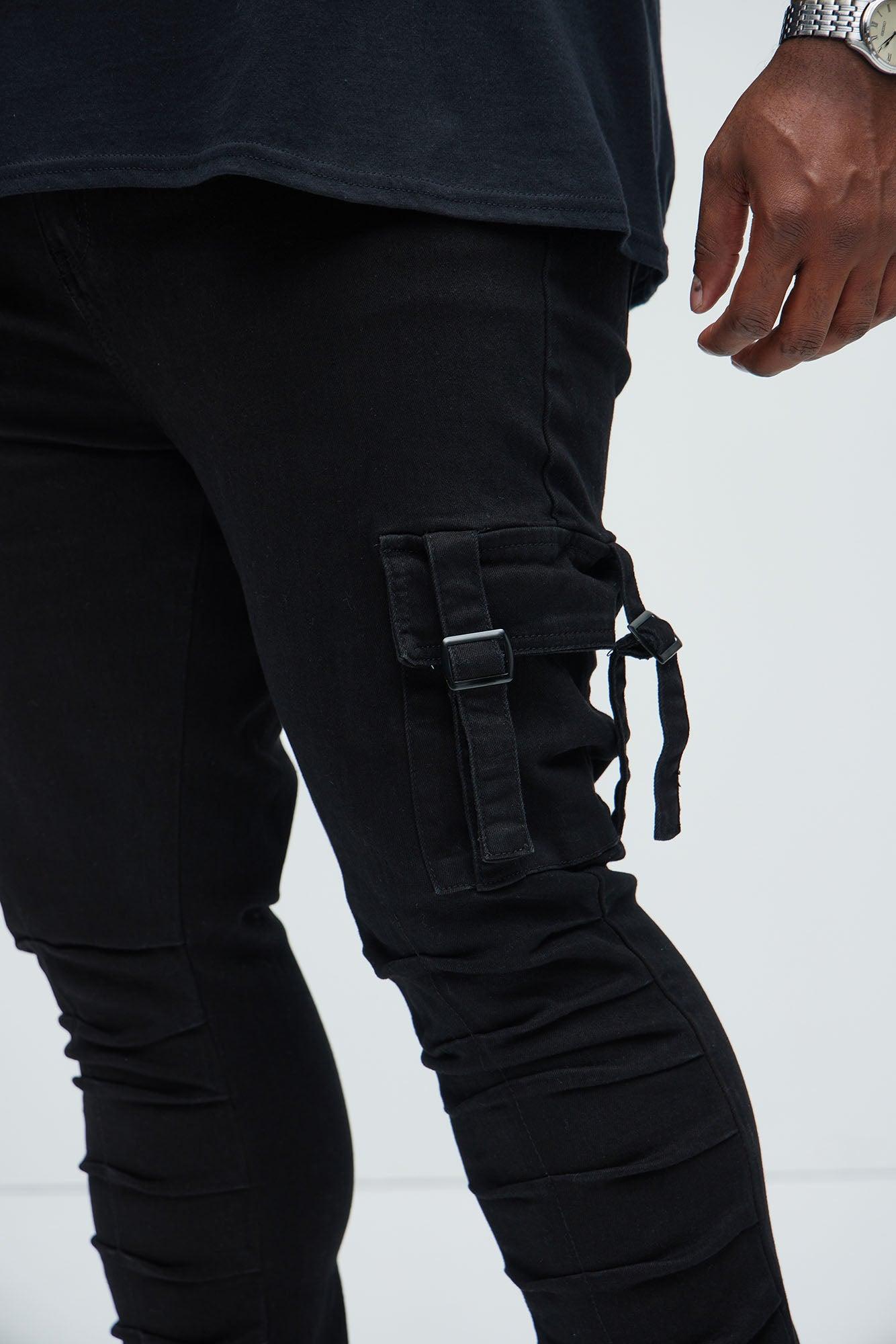 Step In Ruched Skinny Flare Cargo Jeans - Black Product Image