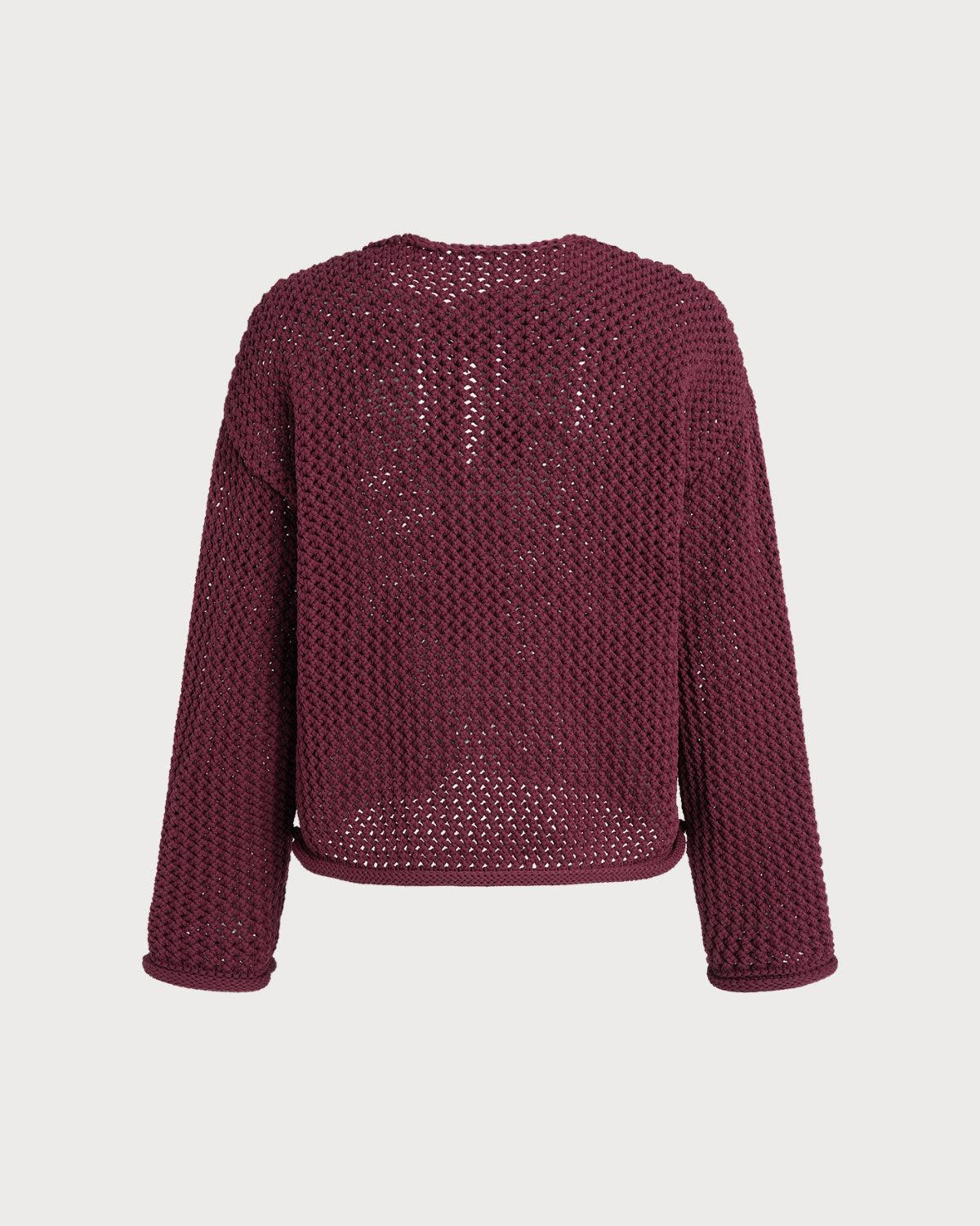 Wine Red Single Breasted Casual Knit Cardigan Product Image