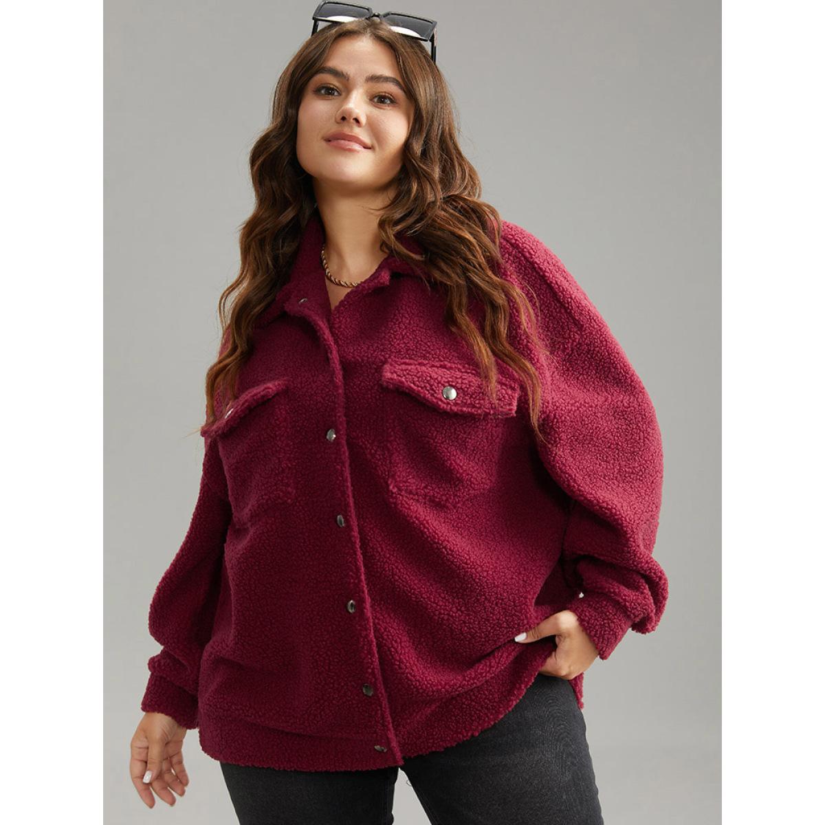 Plus Size Fuzzy Solid Flap Pocket Button Fly Coat Women Russet Casual Texture Ladies Everyday Winter Coats BloomChic 22-24/3X Product Image