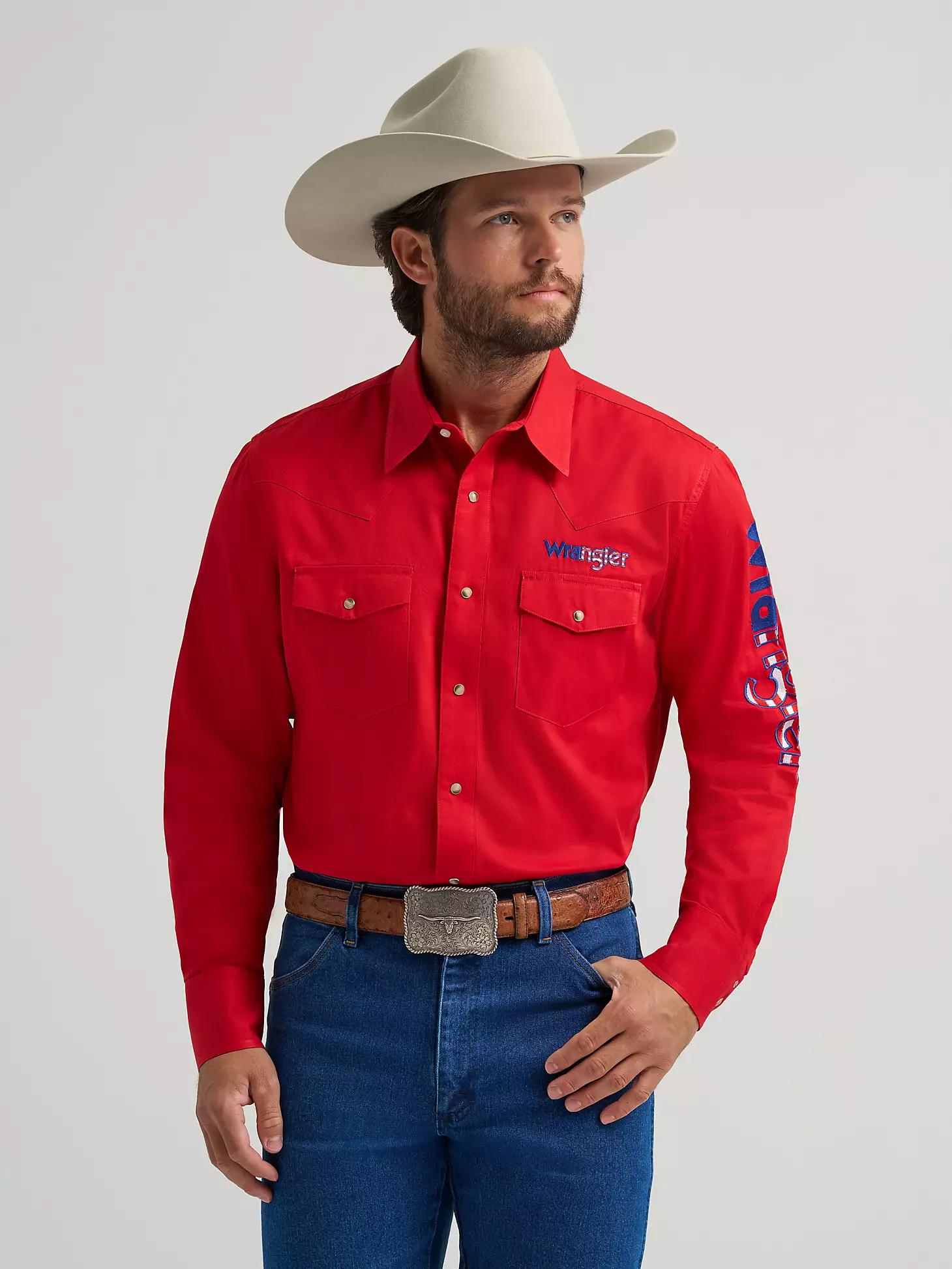 Men's Wrangler® Logo Long Sleeve Western Snap Shirt | Men's SHIRTS | Wrangler® Product Image