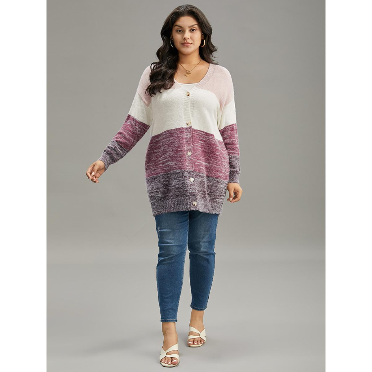 Plus Size Colorblock Button Through Fuzzy Cardigan Multicolor Women Casual Loose Long Sleeve Dailywear Cardigans BloomChic 10/M Product Image