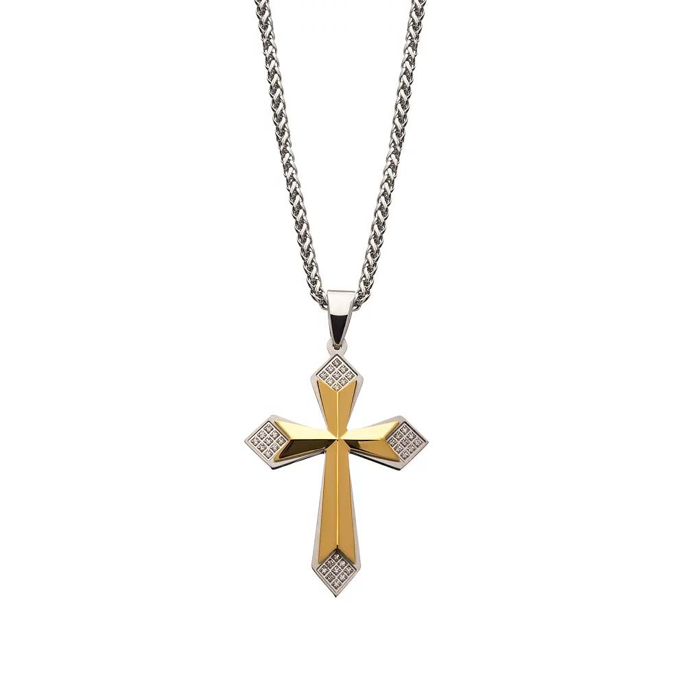 Two Tone Stainless Steel Cubic Zirconia Cross Pendant Necklace, Women's, Size: 24", Gold Tone Product Image