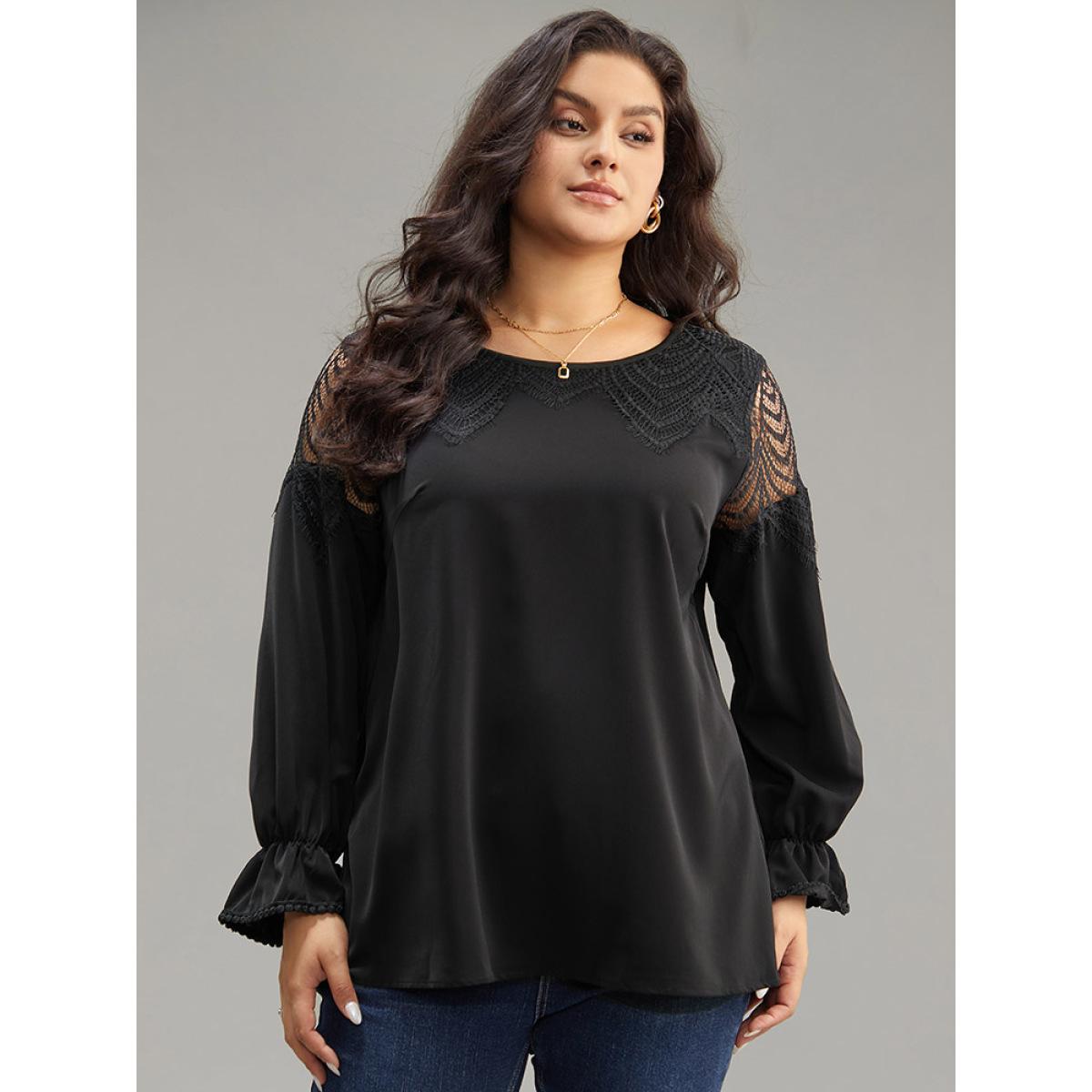 Plus Size Black Anti-Wrinkle Solid Lace Panel Lantern Sleeve Blouse Women Elegant Long Sleeve Round Neck Dailywear Blouses BloomChic 26/4X Product Image