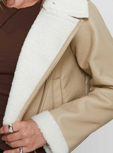 Shearling Trim Faux Leather Jacket Beige Product Image