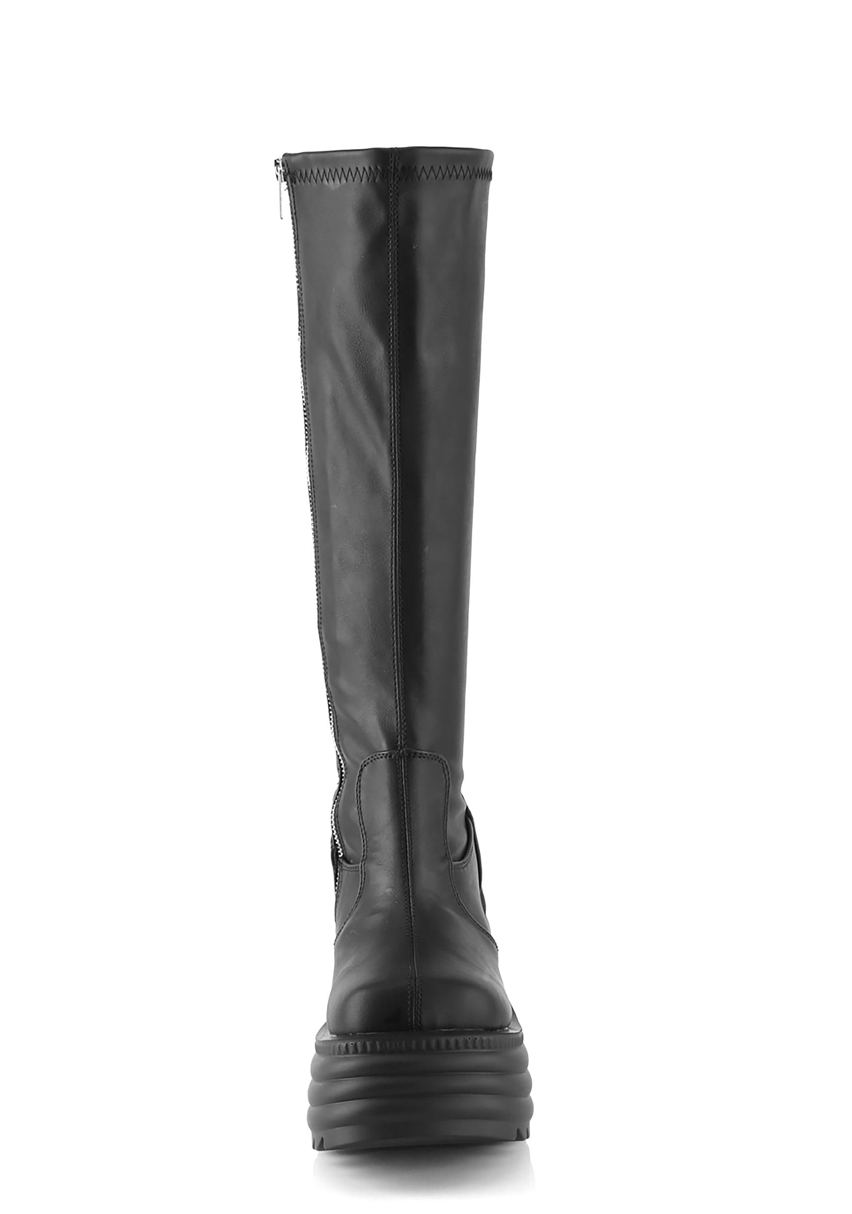 Demonia Morte-300 Platform Stretch Knee High Wedge Boots - Black Product Image