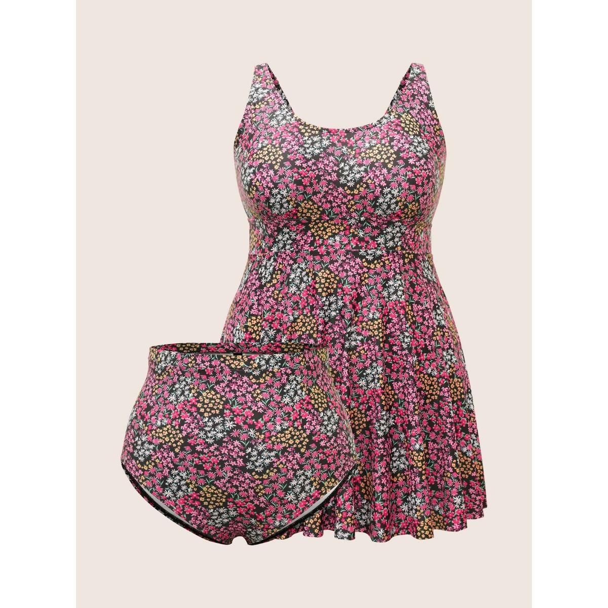 Plus Size Ditsy Floral U Neck High Rise Swim Dress Women's Swimwear Multicolor Beach Bodycon U-neck High stretch Curve Swim Dresses BloomChic 22-24/3X Product Image