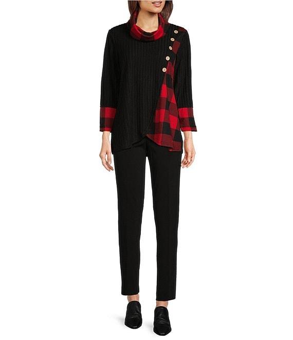 Ali Miles Brushed Textured Knit Solid Plaid Pattern Cowl Neck 3/4 Sleeve Tunic Product Image