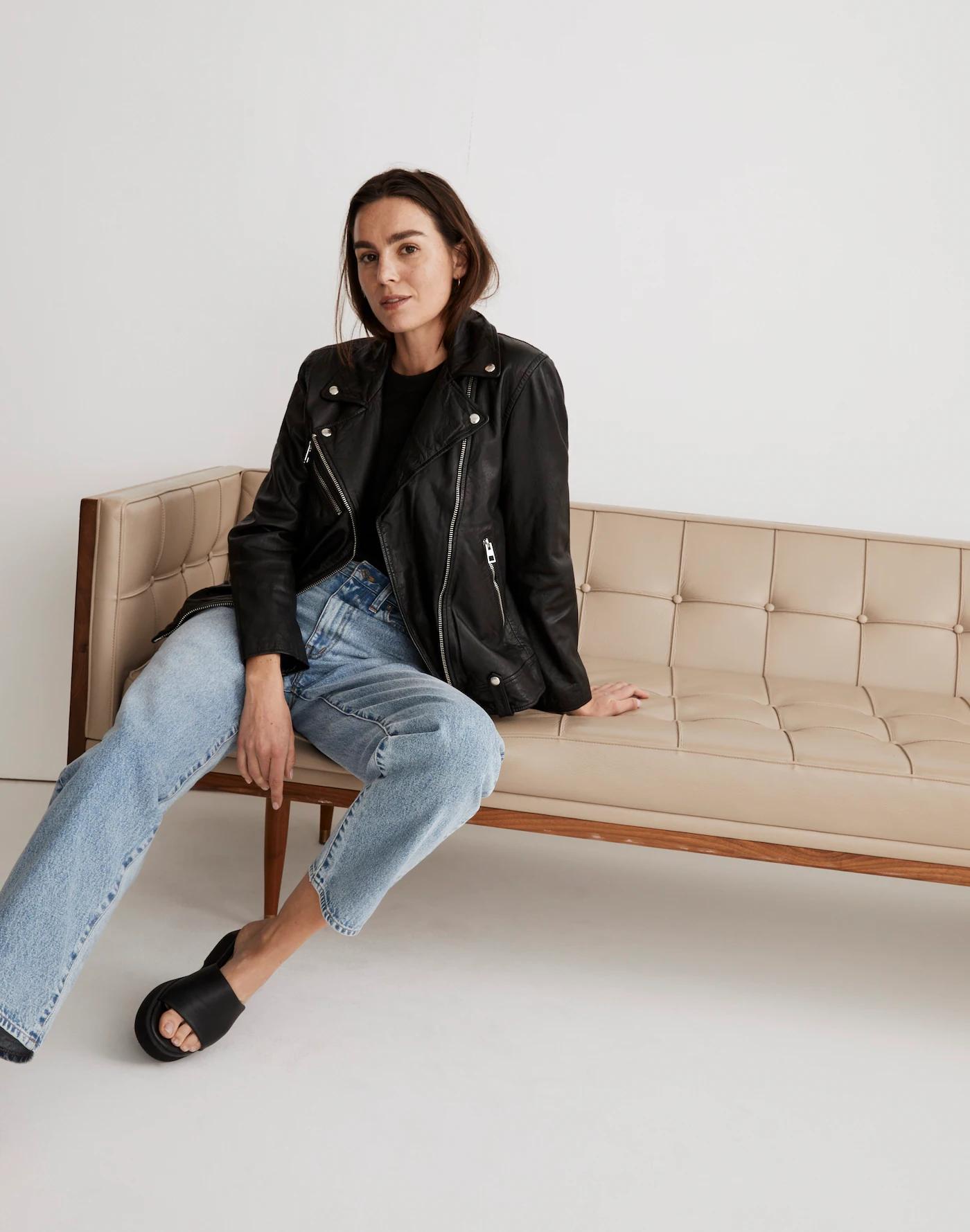 Washed Leather Oversized Motorcycle Jacket Product Image