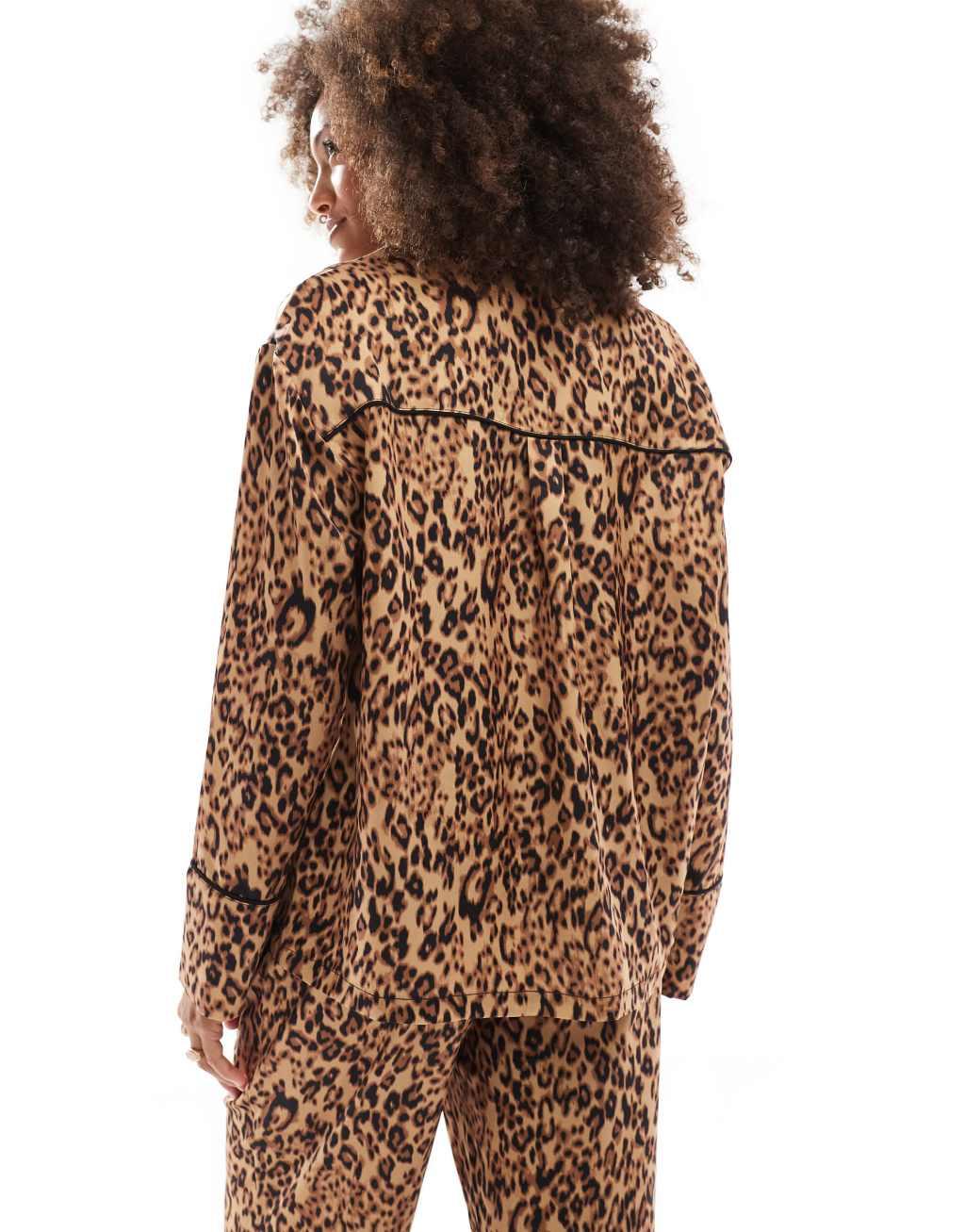 4th & Reckless long sleeve satin pajama shirt in leopard print - part of a set Product Image