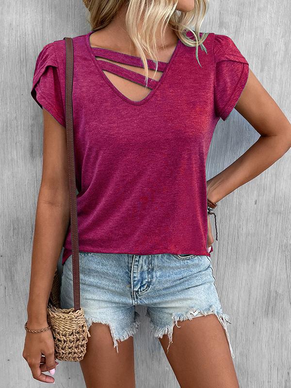 Loose Short Sleeves Solid Color V-Neck T-Shirts Tops Product Image