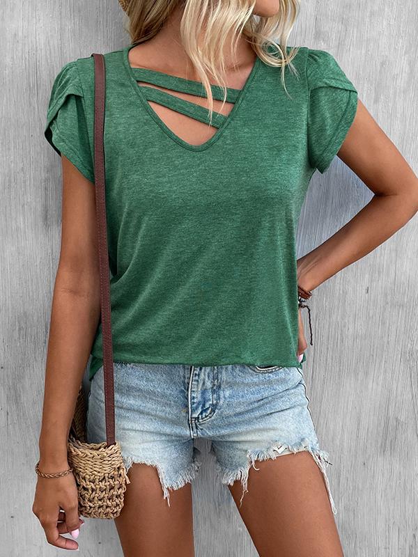 Loose Short Sleeves Solid Color V-Neck T-Shirts Tops Product Image