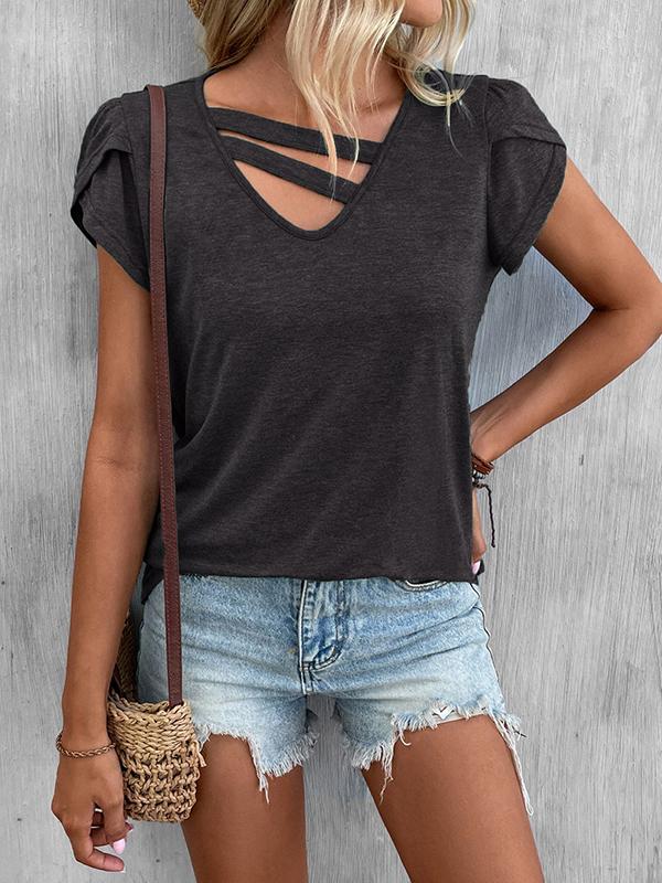 Loose Short Sleeves Solid Color V-Neck T-Shirts Tops Product Image