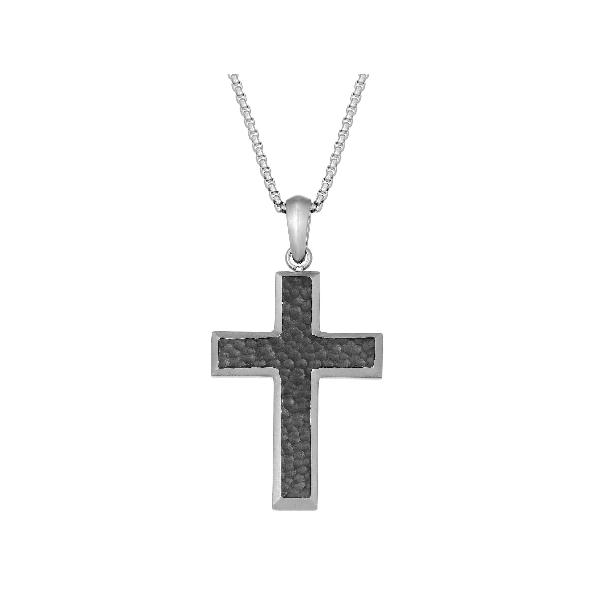 Men's LYNX Black Ion-Plated Stainless Steel Hammered Cross Pendant Necklace, Size: 24" Product Image