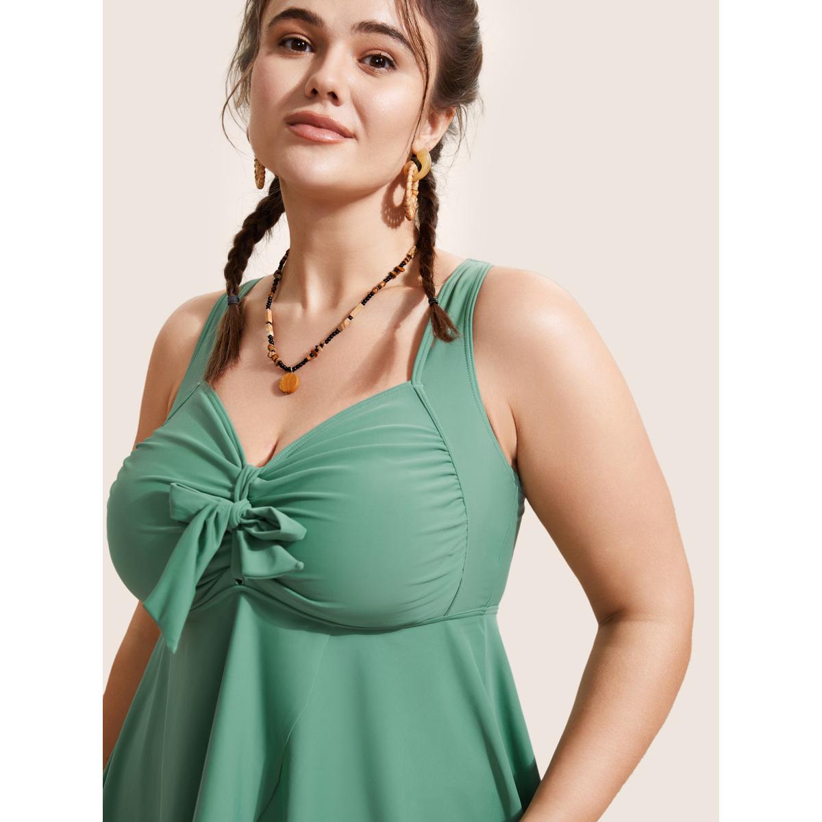 Plus Size Plain Knotted Gathered Slit Front Swim Top Women's Swimwear Palemauve Beach Gathered High stretch Bodycon Heart neckline Curve Swim Tops BloomChic 12/L Product Image