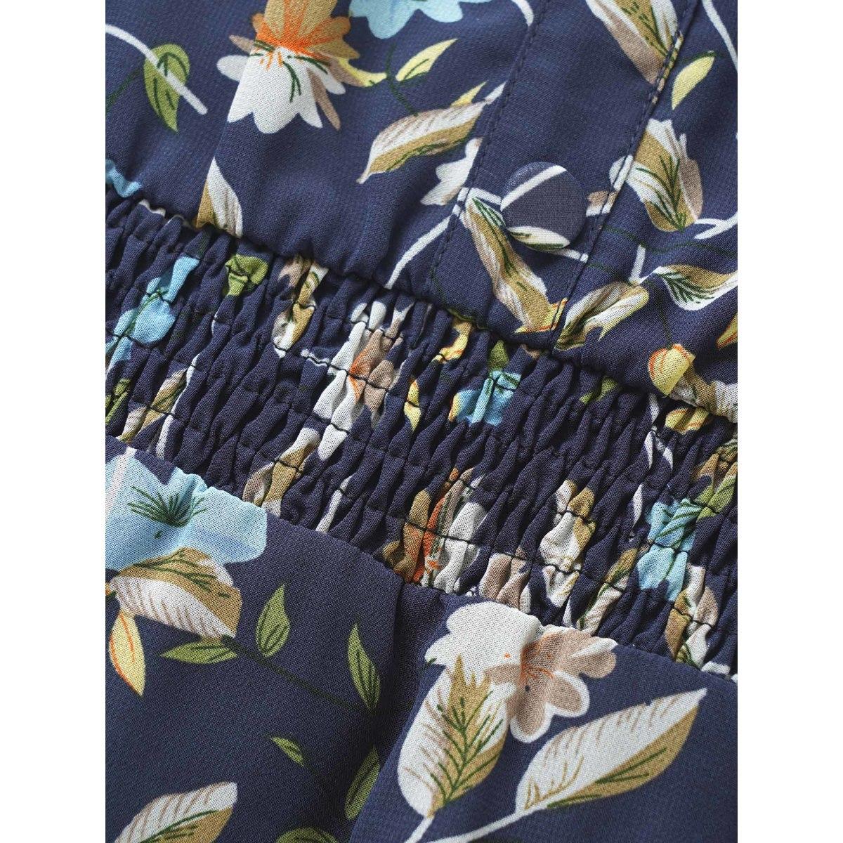 Plus Size Midnight Round Neck Floral Ruffles Shirred Blouse Women Elegant Short sleeve Round Neck Everyday Blouses BloomChic 30/6X Product Image