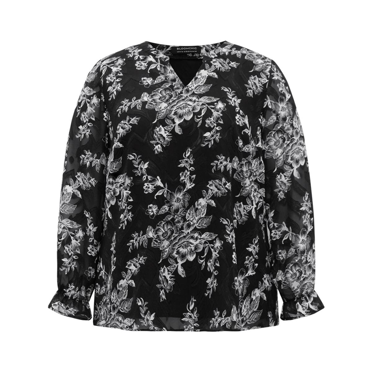 Plus Size Black Silhouette Floral Print Mesh Chiffon Blouse Women Elegant Long Sleeve Notched collar Everyday Blouses BloomChic 28/5X Product Image