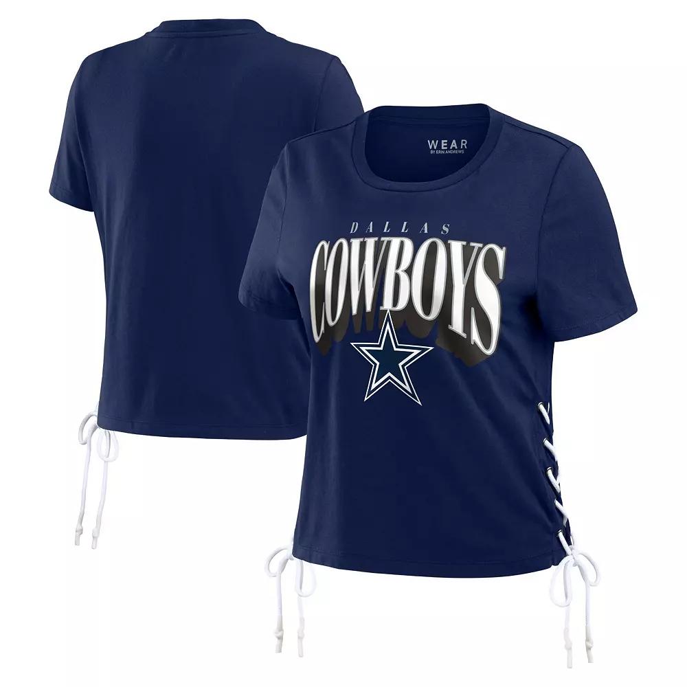 Women's WEAR by Erin Andrews Navy Dallas Cowboys Lace Up Side Modest Cropped T-Shirt,  Product Image