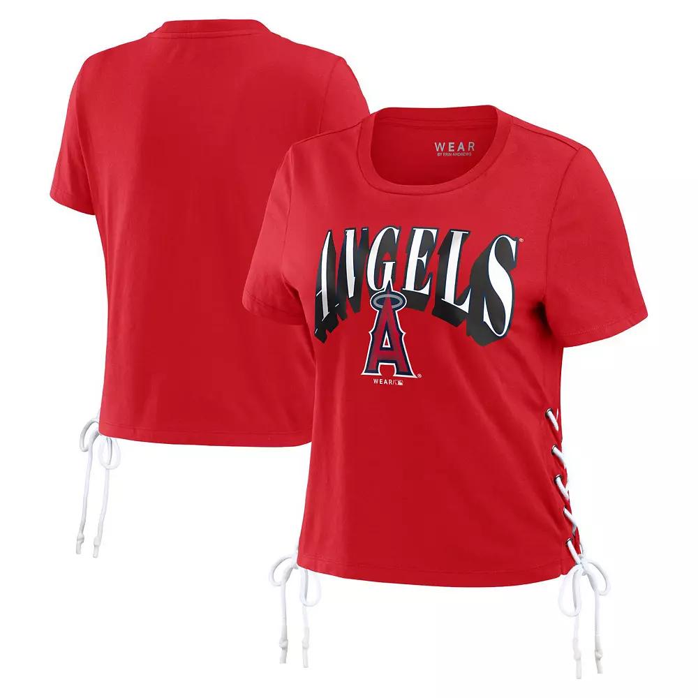 Women's WEAR by Erin Andrews Red Los Angeles Angels Side Lace-Up Cropped T-Shirt,  Product Image