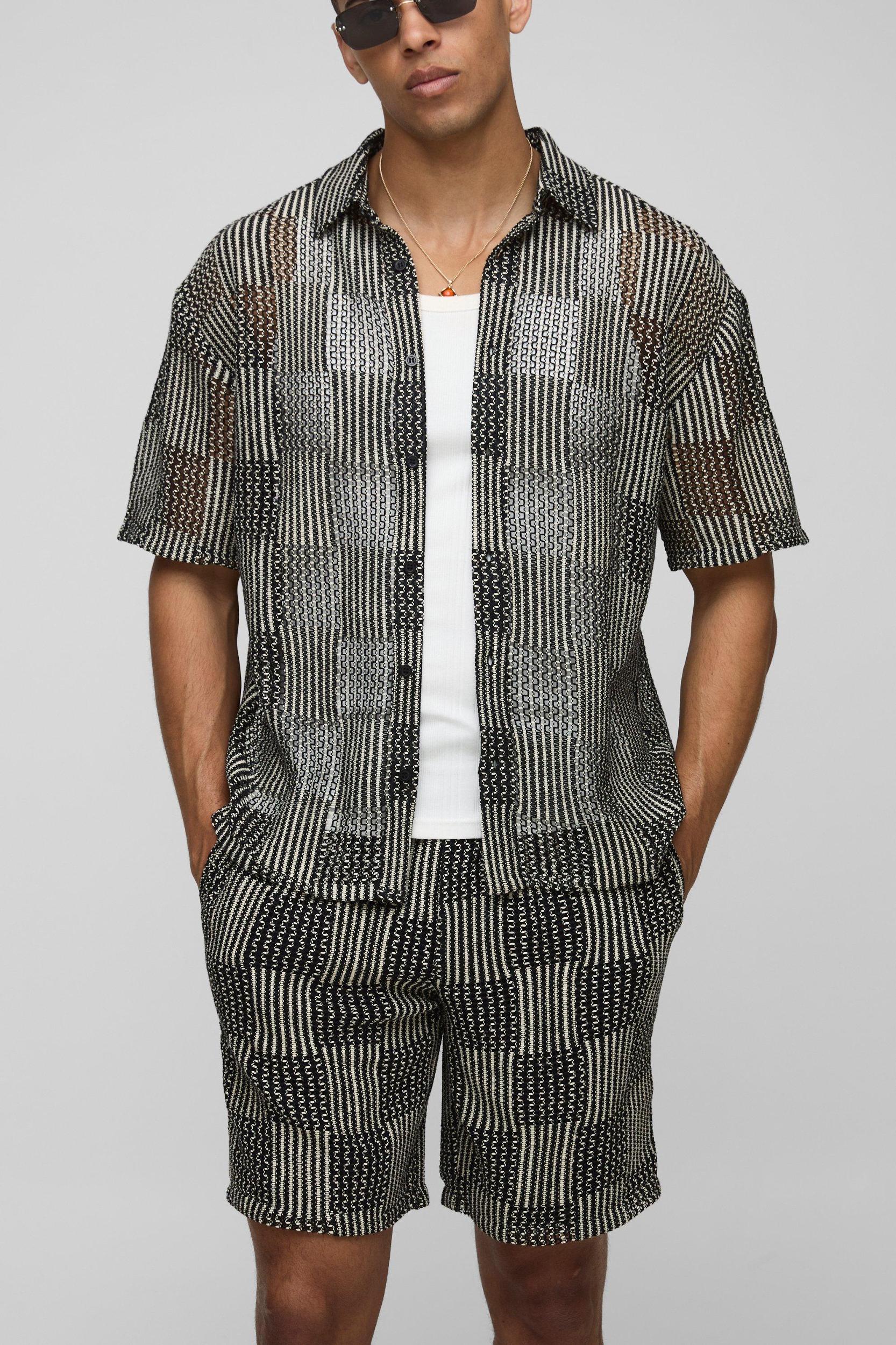 Oversized Open Weave Checkerboard Shirt & Relaxed Short Set | boohooMAN USA Product Image