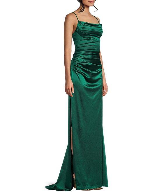 B. Darlin Satin Cowl Neck Shirred Lace-Up Back Long Dress Product Image