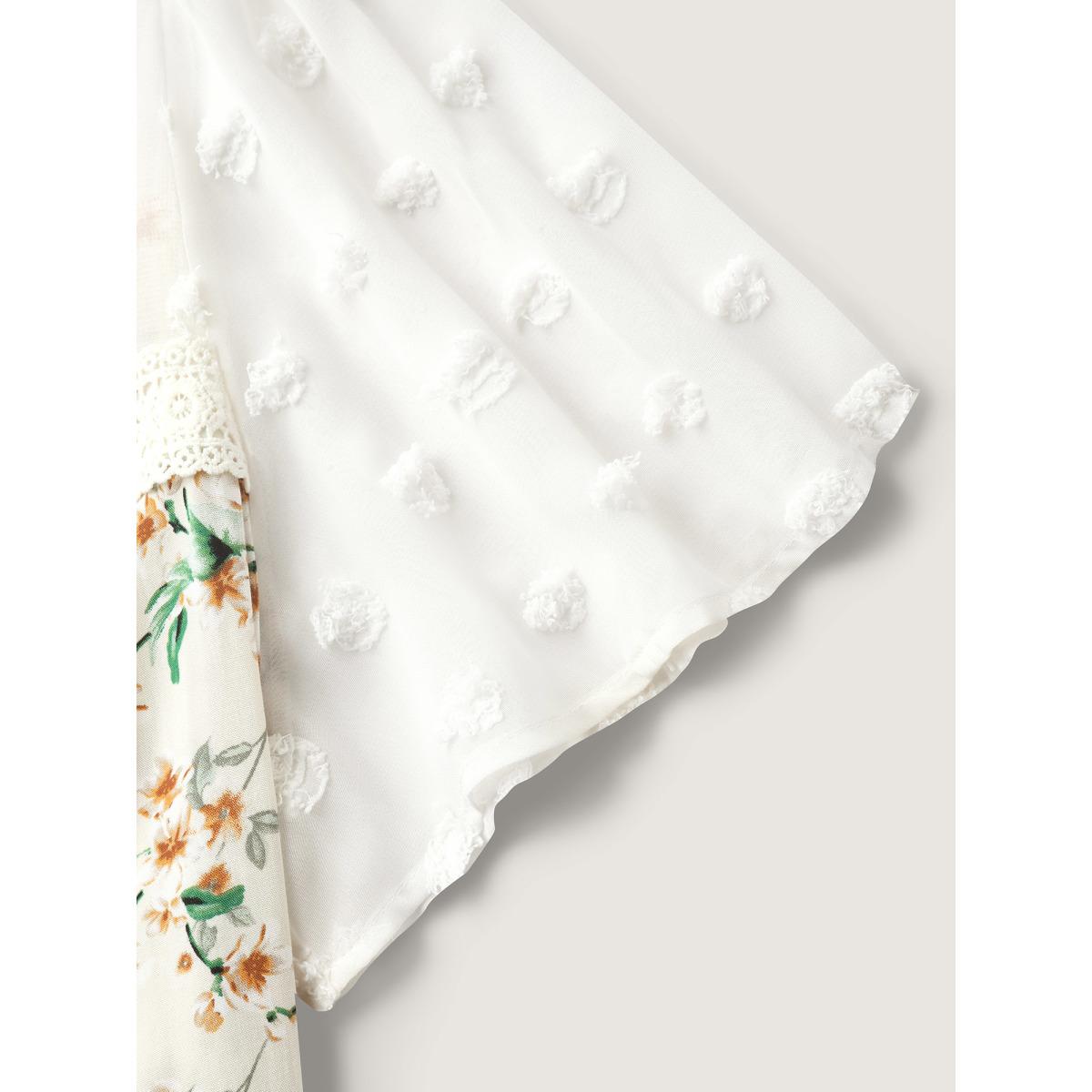 Plus Size Beige Floral Print Lace Sheer Sleeve Blouse Women Romantic Short sleeve V-neck Elegant Blouses BloomChic 30/6X Product Image