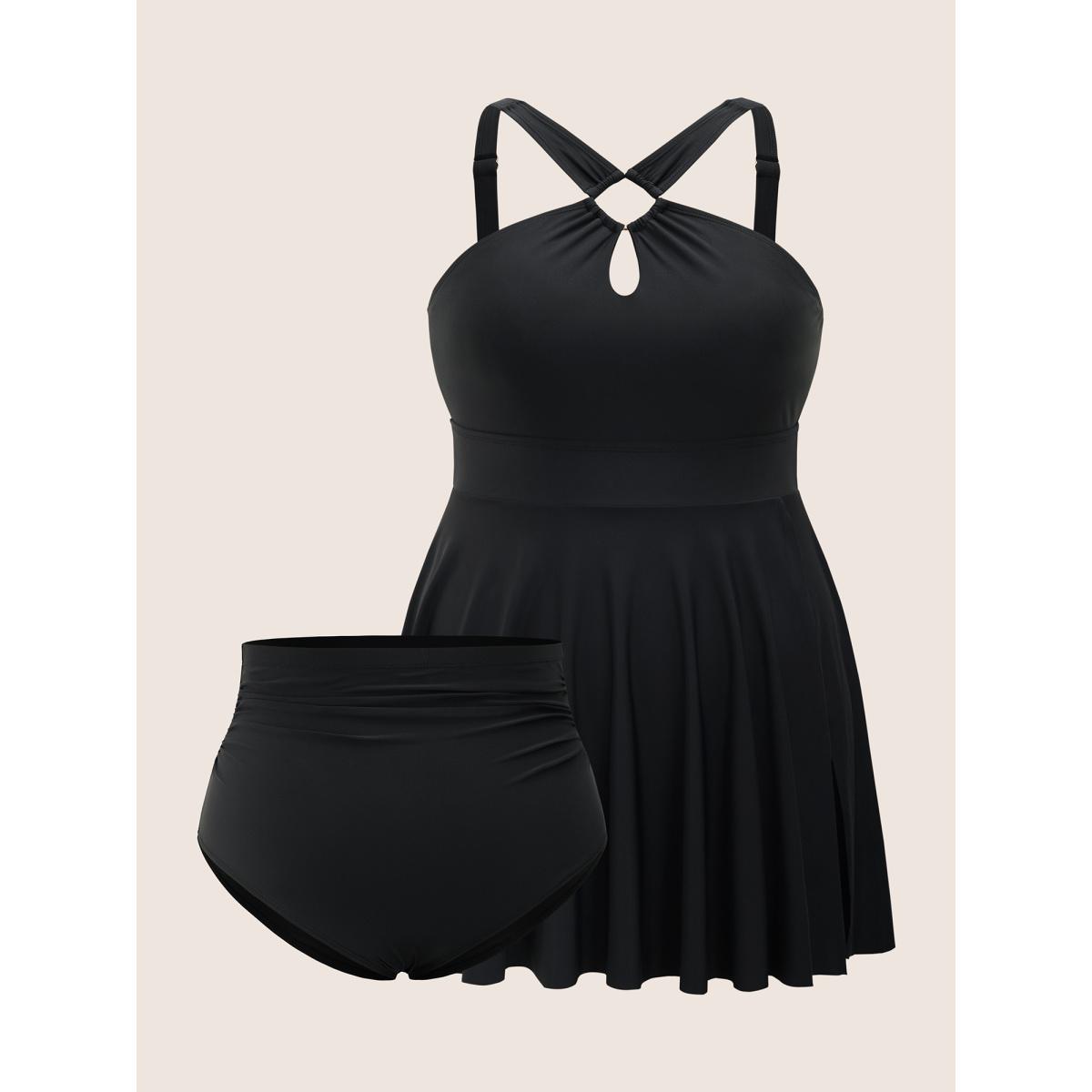 Plus Size Plain Cut Out Split Side Swim Dress Women's Swimwear Black Beach Bodycon Halter neck High stretch Curve Swim Dresses BloomChic 28/5X Product Image