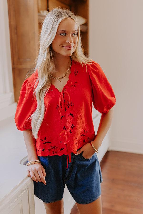 Vineyard Villa Embroidered Front Tie Top in Red Product Image