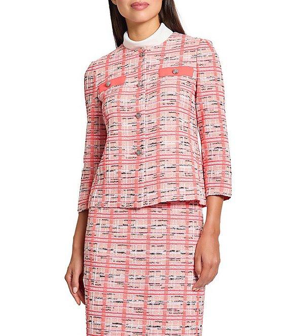 Ming Wang Plaid Knit Round Neck 3/4 Sleeve Button Front Jacket Product Image