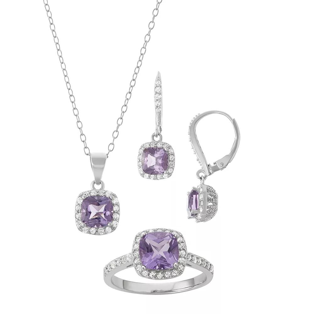 Sterling Silver Amethyst & Lab-Created White Sapphire Halo Jewelry Set, Women's, Size: 7 Product Image