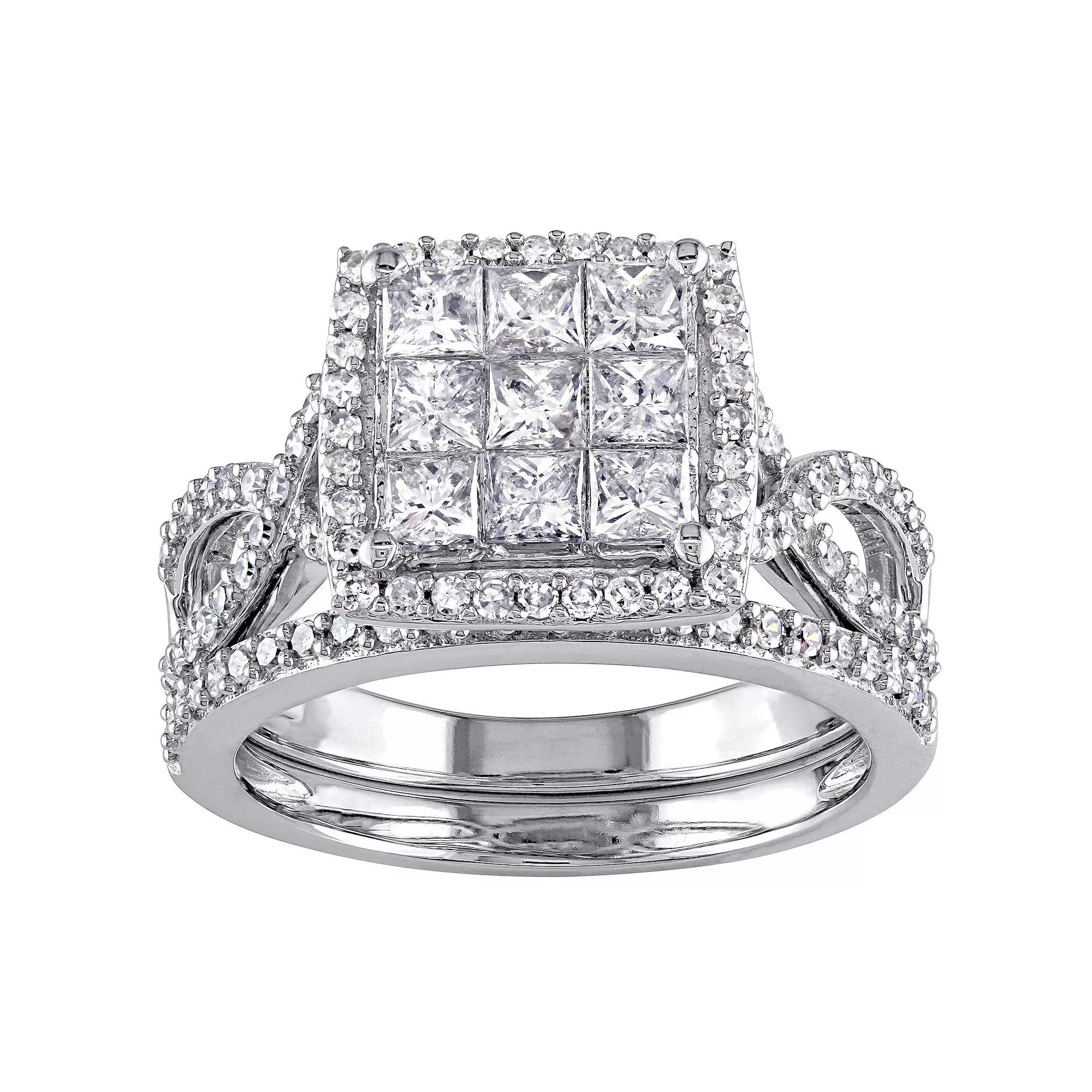 Stella Grace 10k White Gold 1 1/2 Carat T.W Diamond Halo Bridal Rings Set, Women's, Size: 8.50, 14k Whgold Product Image