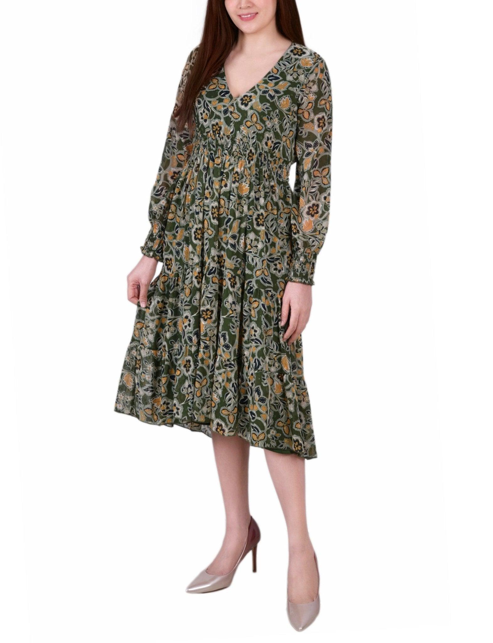 Olive Floral Long Sleeve Clip Dot Chiffon Dress With Smocked Waist and Cuffs - Petite Product Image
