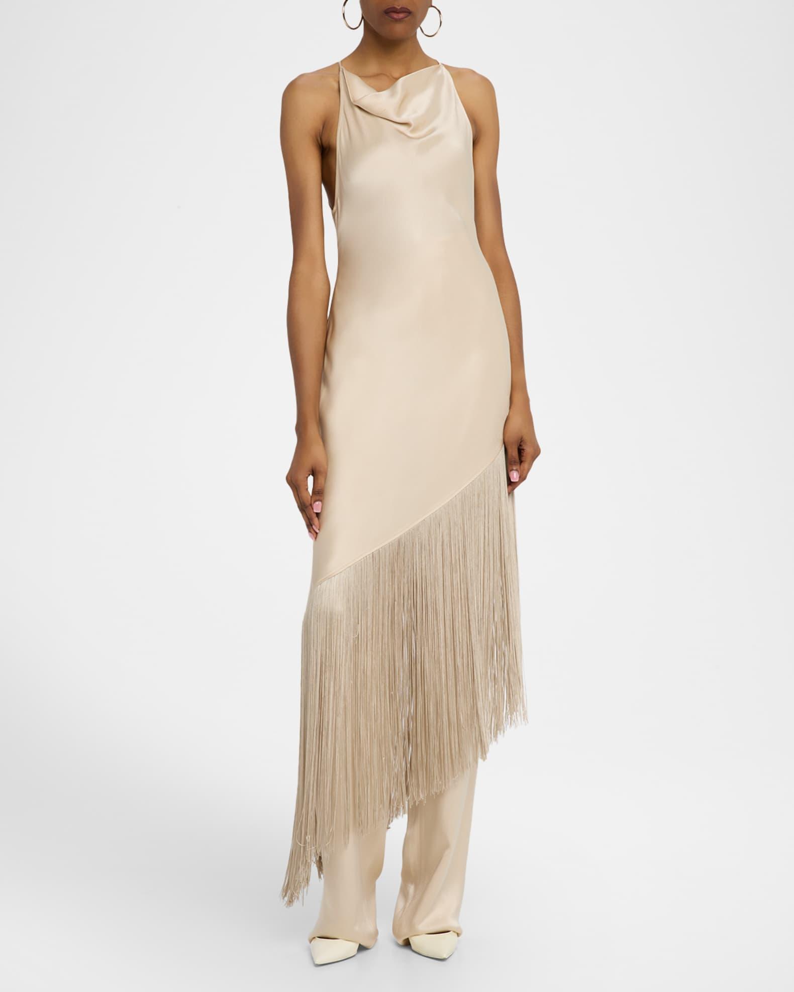 Satin Cowl-Neck Fringe Midi Dress Product Image