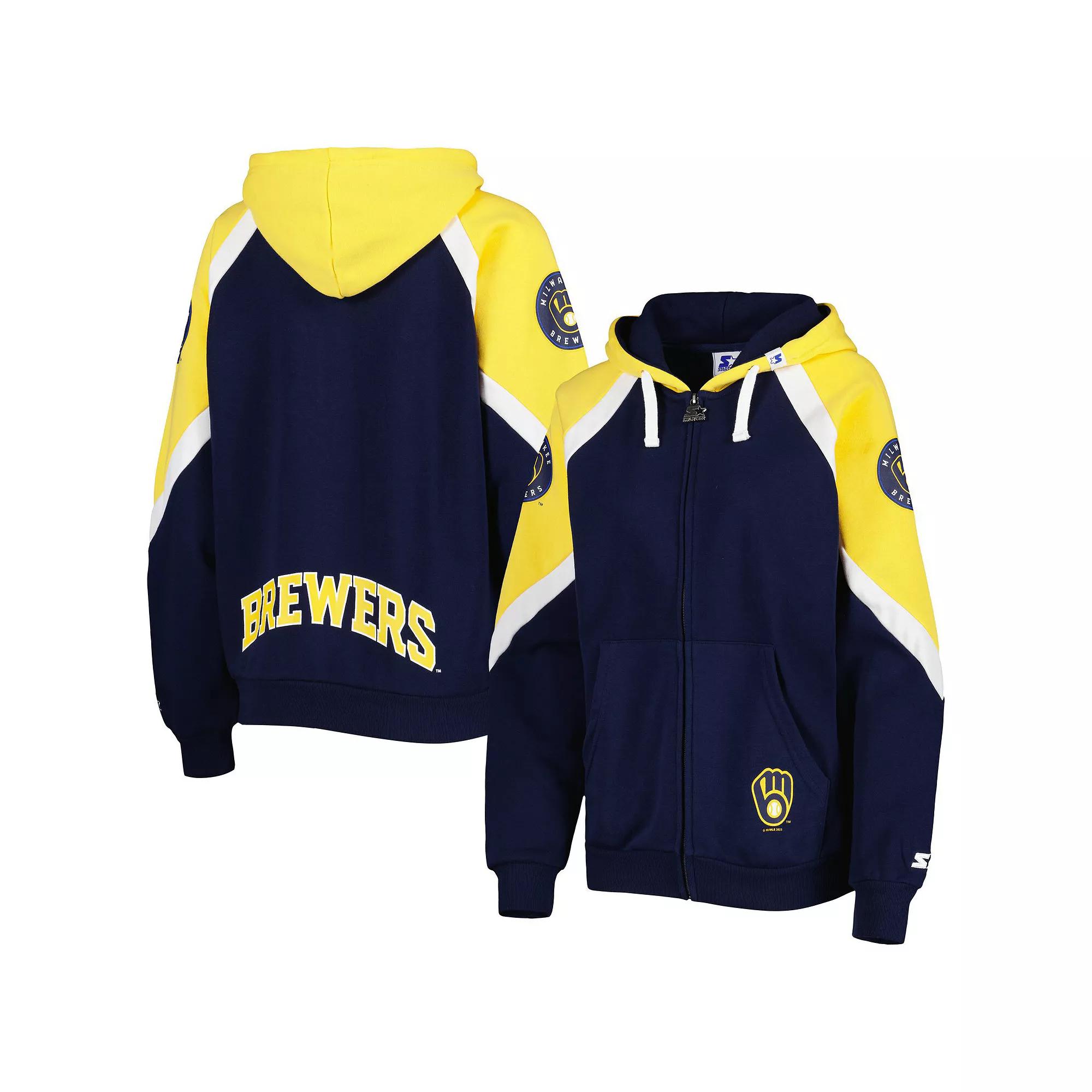 Women's Starter Navy/Gold Milwaukee Brewers Hail Mary Full-Zip Hoodie, Size: Large, Blue Product Image