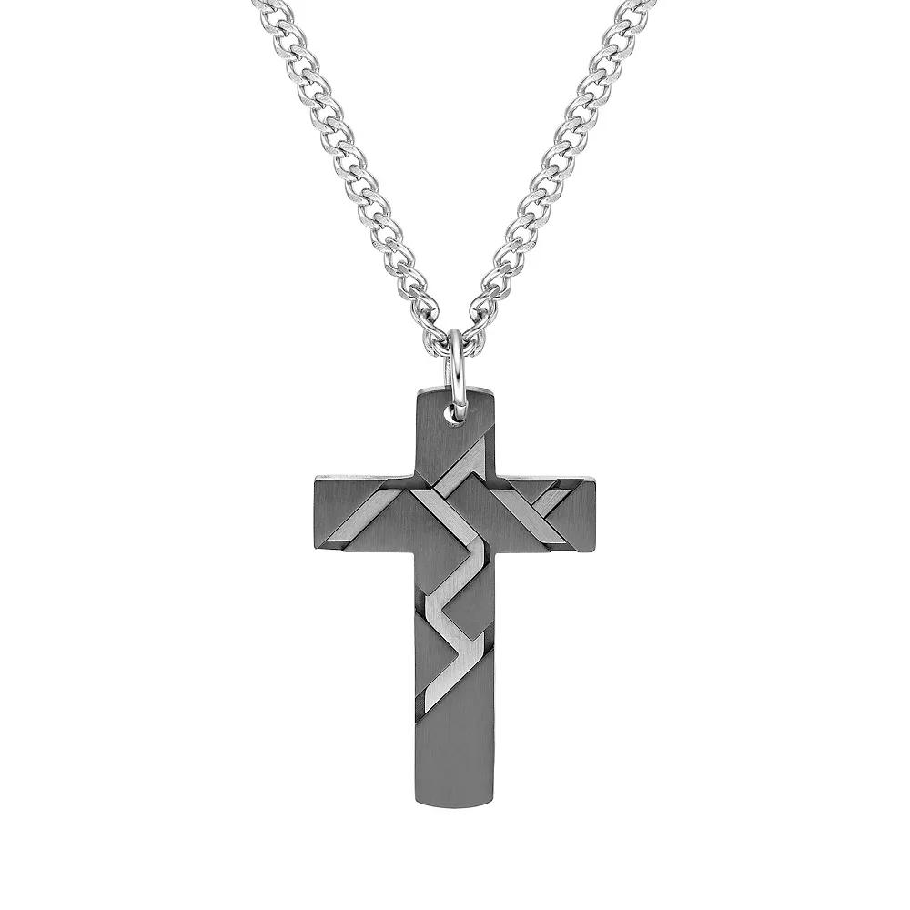 LYNX Mens Black Ion Plated Stainless Steel Cross Pendant Necklace Multi Product Image