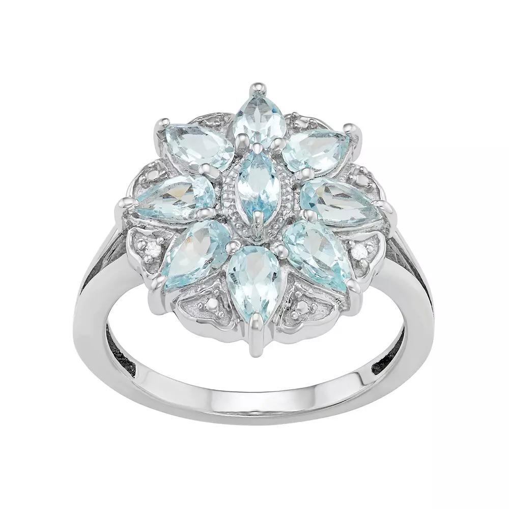 Jewelexcess Sterling Silver Aquamarine & Diamond Accent Flower Ring, Women's, Size: 6 Product Image