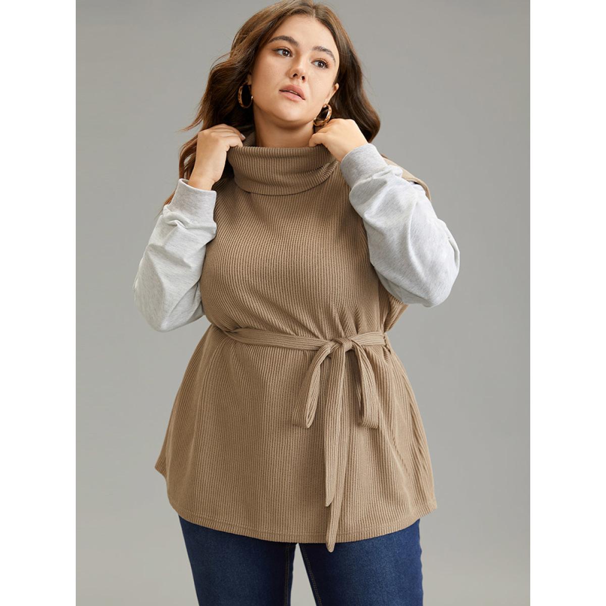 Plus Size 2-In-1 Turtleneck Texture Patchwork Belted Sweatshirt Women LightBrown Casual Texture Turtleneck Dailywear Sweatshirts BloomChic 10/M Product Image