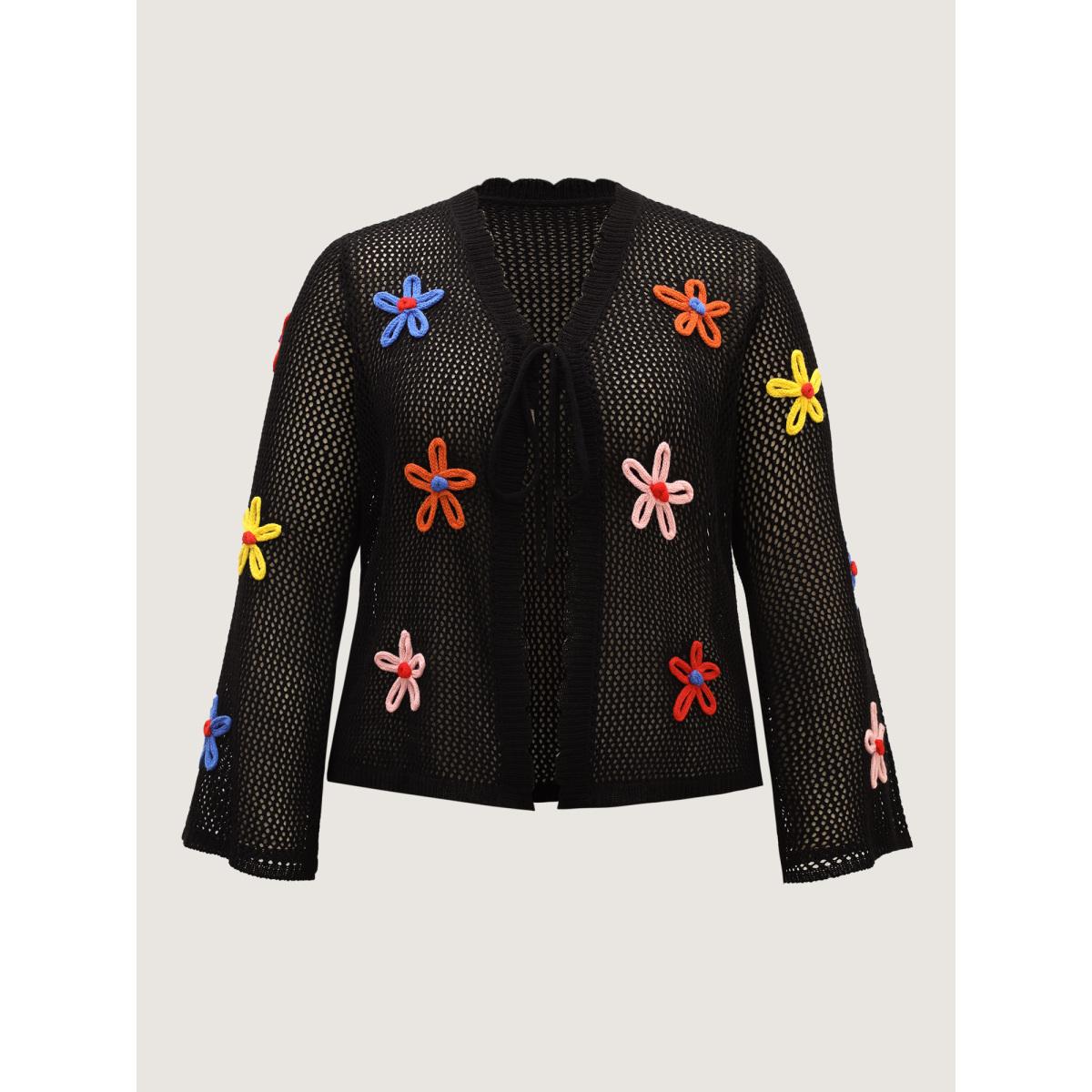 Plus Size Knit Floral Front Tie Cardigan Black Women Playful Loose Long Sleeve Casual Cardigans BloomChic 14-16/1X Product Image