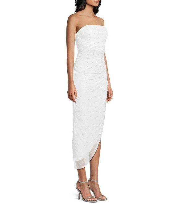 Honey and Rosie Glitter Knit Pearl Embellished Strapless Asymmetrical Hem Midi Dress Product Image