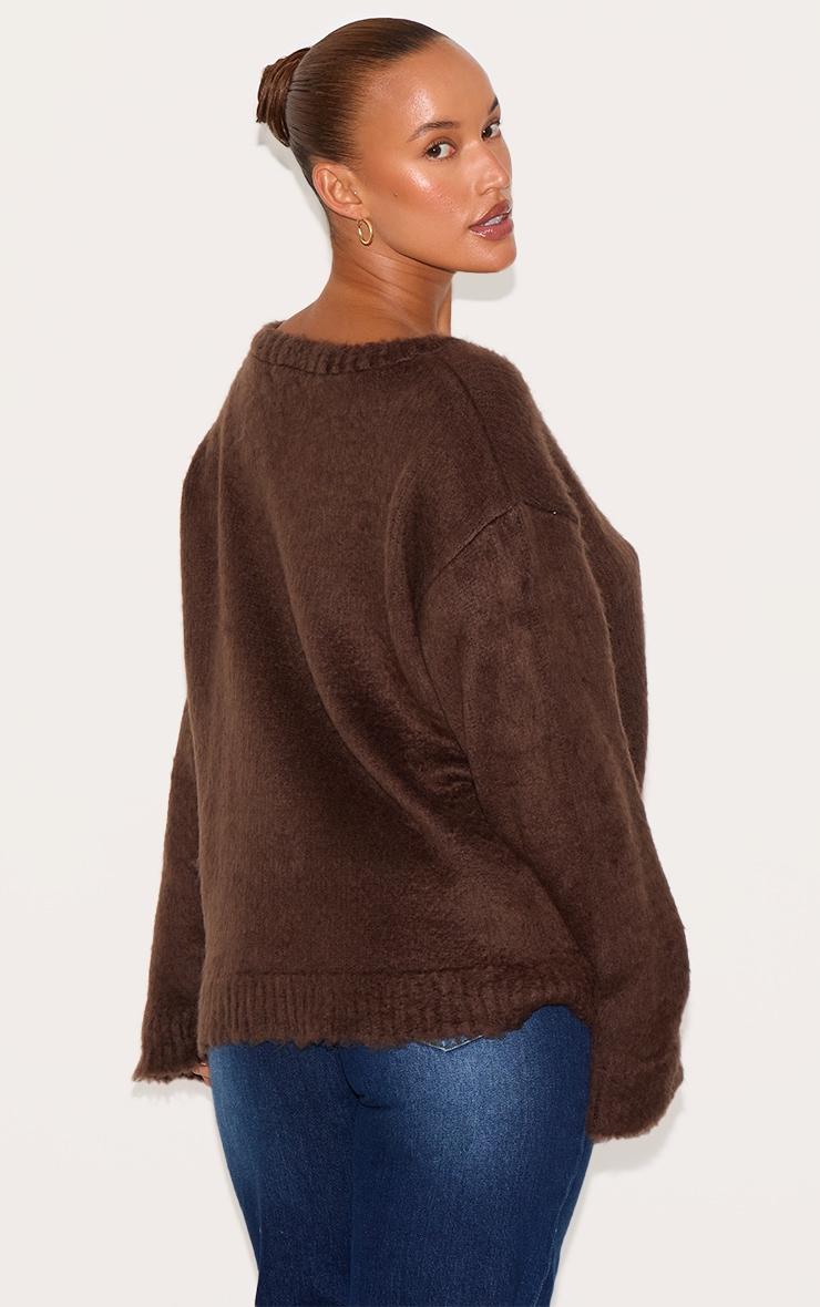 Plus Chocolate Slouchy V Neck Eyelash Knit Sweater Product Image