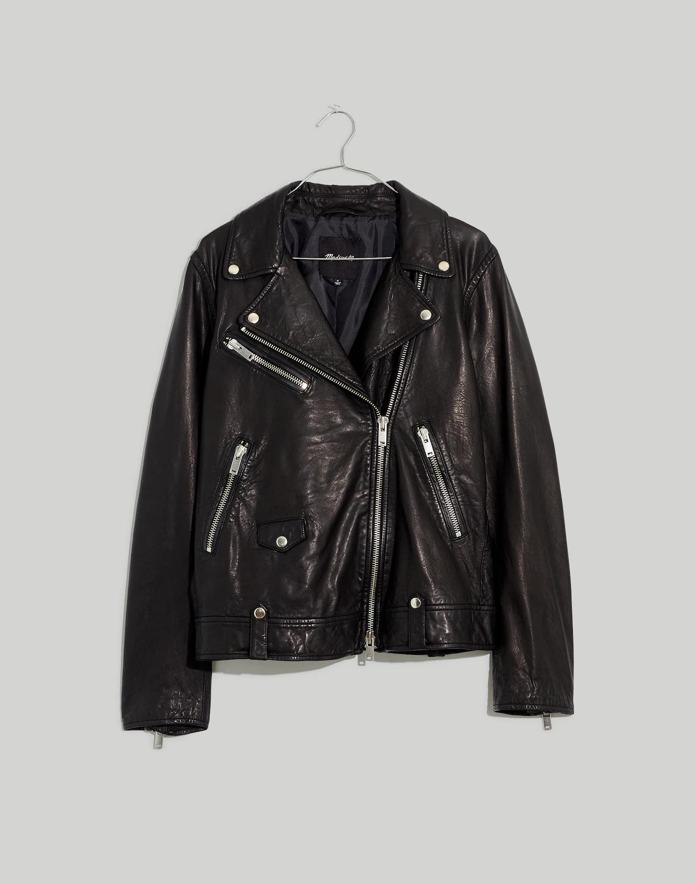 Washed Leather Oversized Motorcycle Jacket Product Image