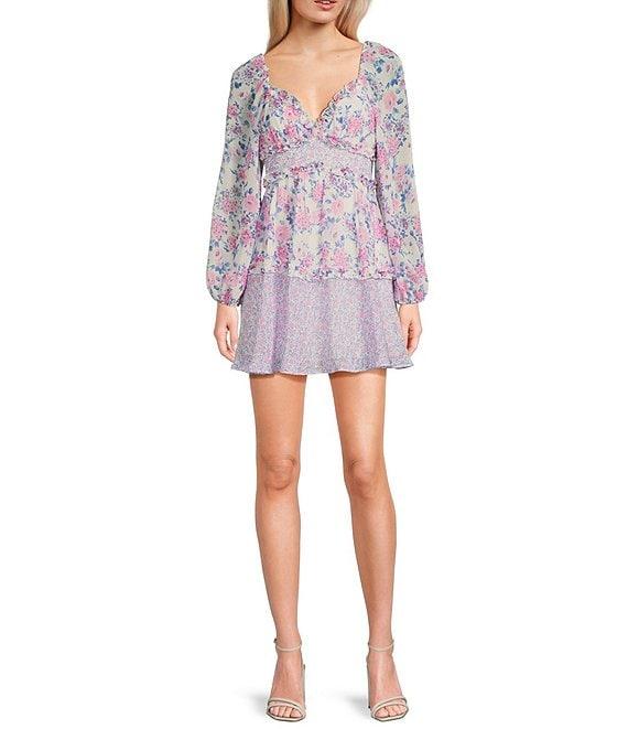 B. Darlin Floral Print V-Neck Smocked Long Sleeve Ruffle Layered Dress Product Image