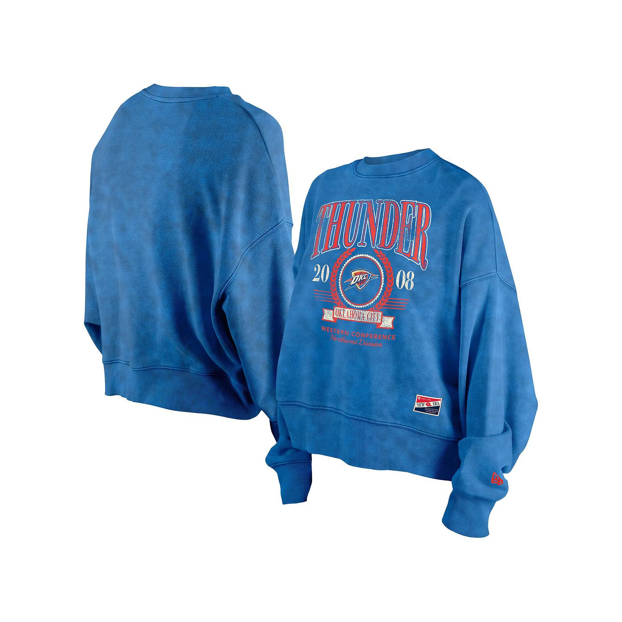 Women's New Era  Blue Oklahoma City Thunder Hardwood Classics Enzyme Wash Oversized Boxy Pullover Sweatshirt, Size: Large Product Image