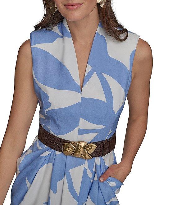 Donna Karan Dot Crepe V-Neck Sleeveless Belted Sheath Midi Dress Product Image