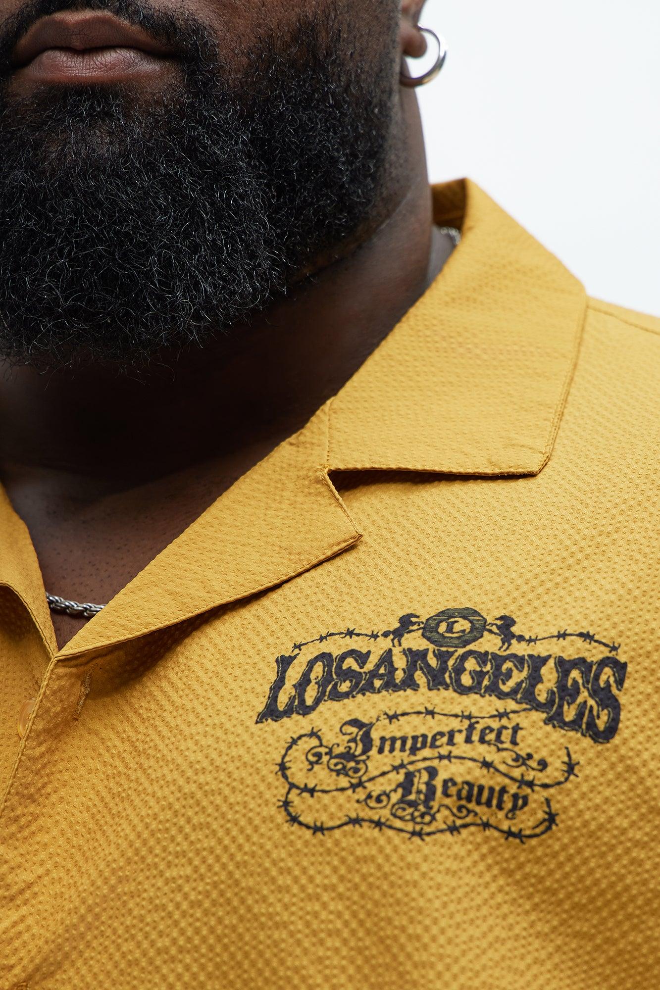 Waffle Crinkled Cuban Collar Shirt - Yellow Product Image