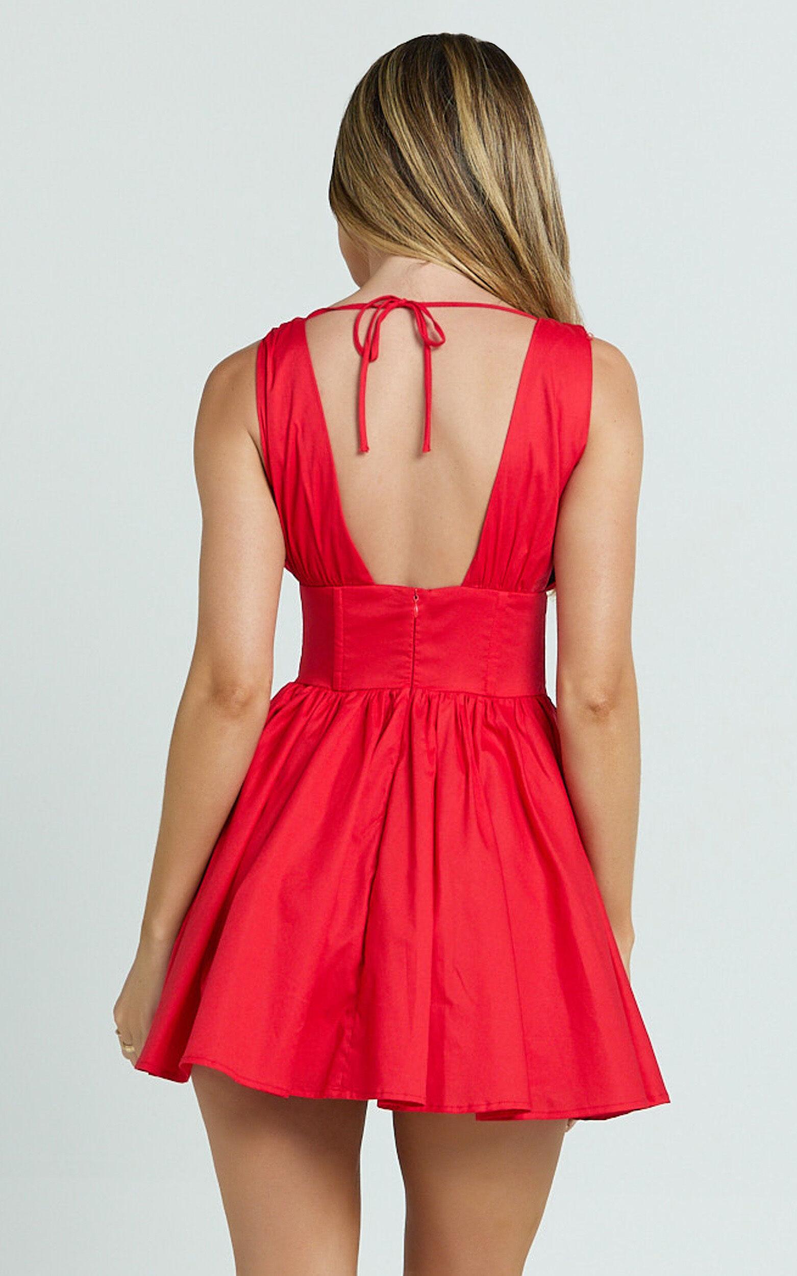 Madeline Mini Dress - V Neck Corset Waist Gathered Full Skirt Dress in Red Product Image