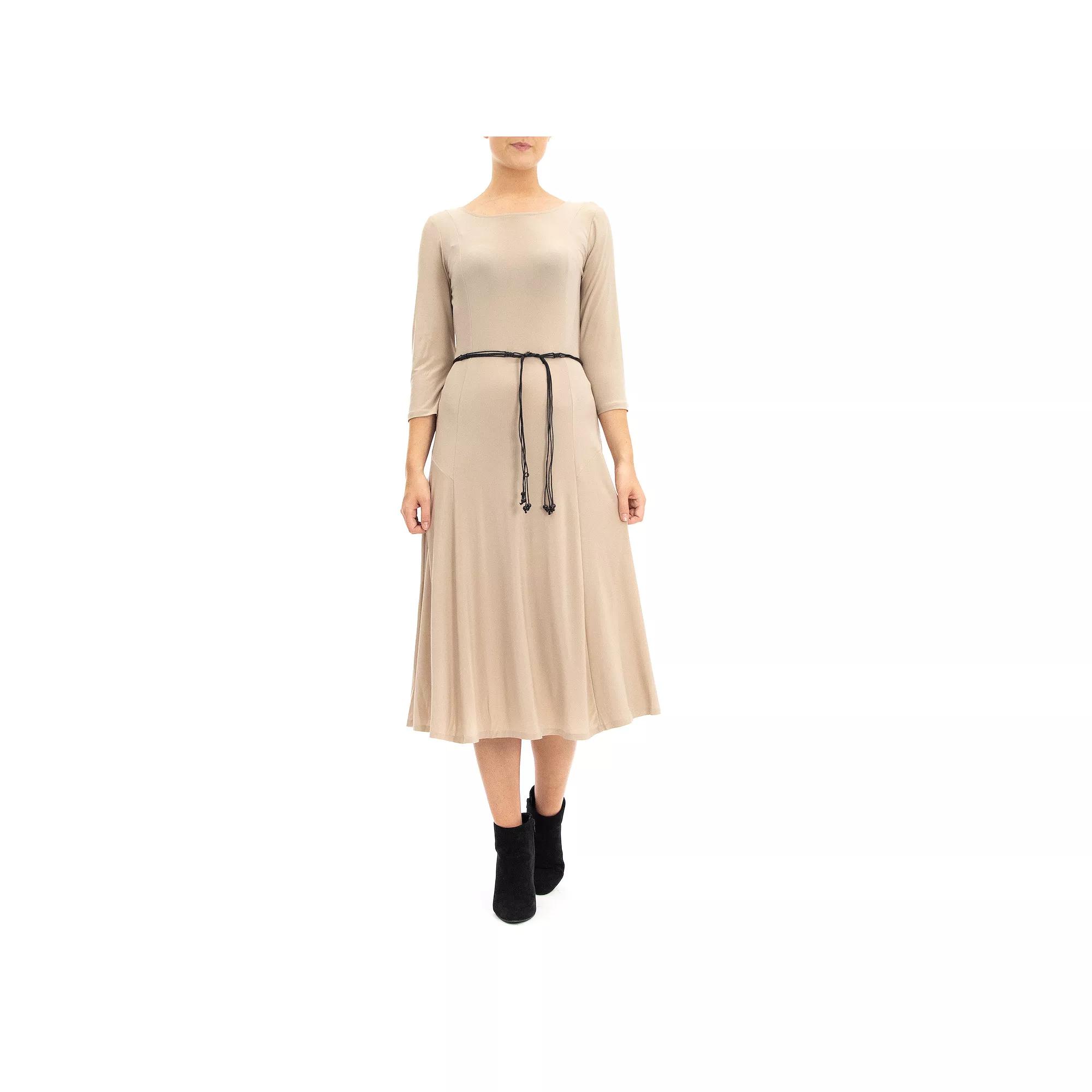 Women's Nina Leonard Three-Quarter Sleeve Belted Midi Dress,  Product Image