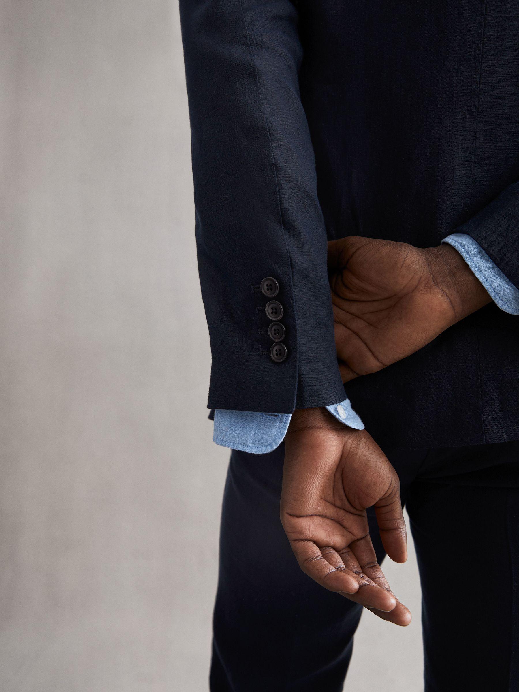 Slim Fit Single Breasted Linen Blazer in Navy Product Image