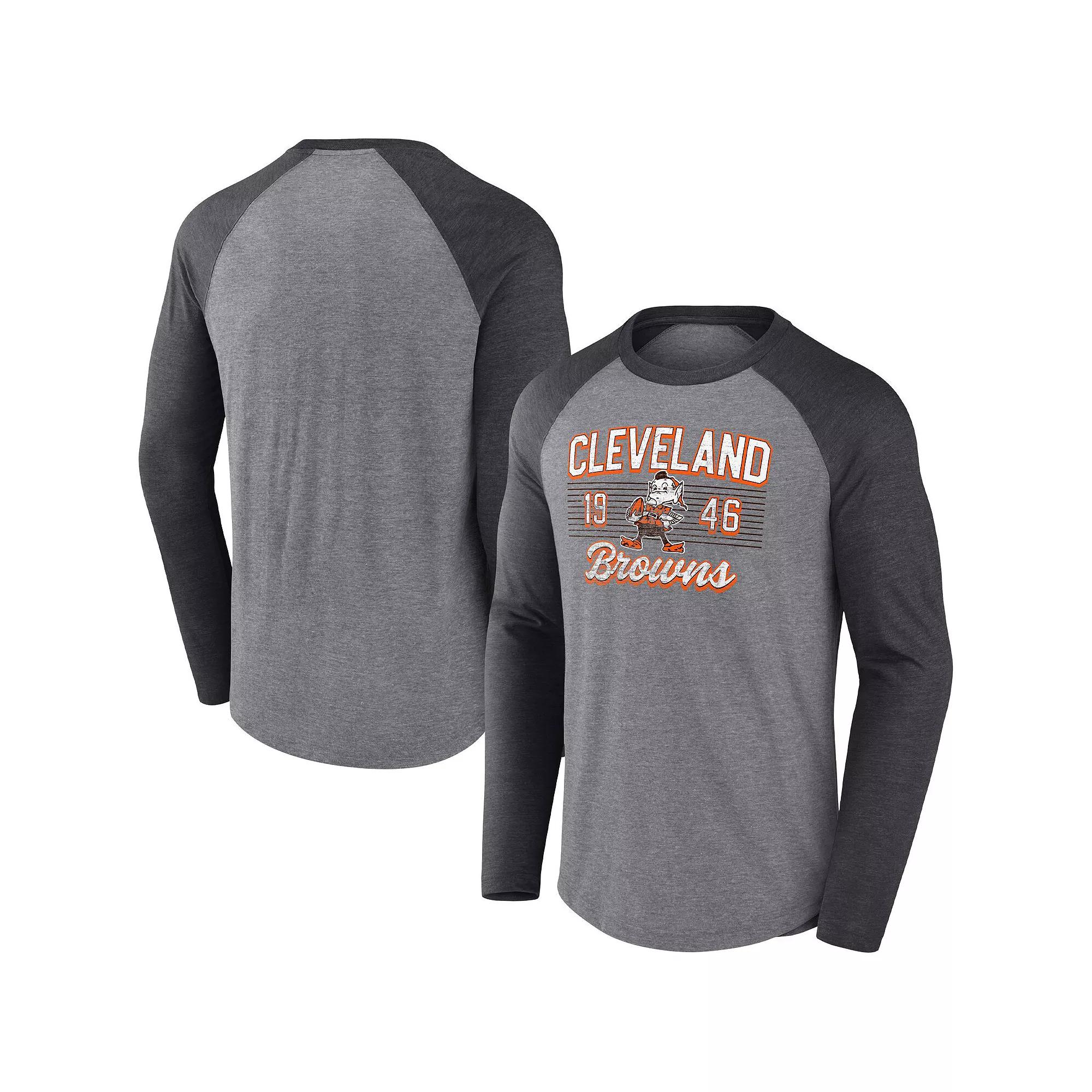Men's Fanatics Branded Heathered Gray/Heathered Charcoal Cleveland Browns Weekend Casual Tri-Blend Raglan Long Sleeve T-Shirt,  Product Image
