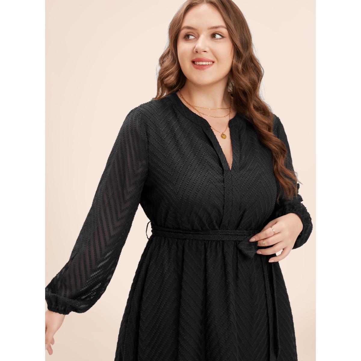 Plus Size Solid Geometric Pocket Mesh Lantern Sleeve Belted Dress Navy Women Office Pocket Flat collar with V-notch Short sleeve Curvy Midi Dress BloomChic 22-24/3X Product Image