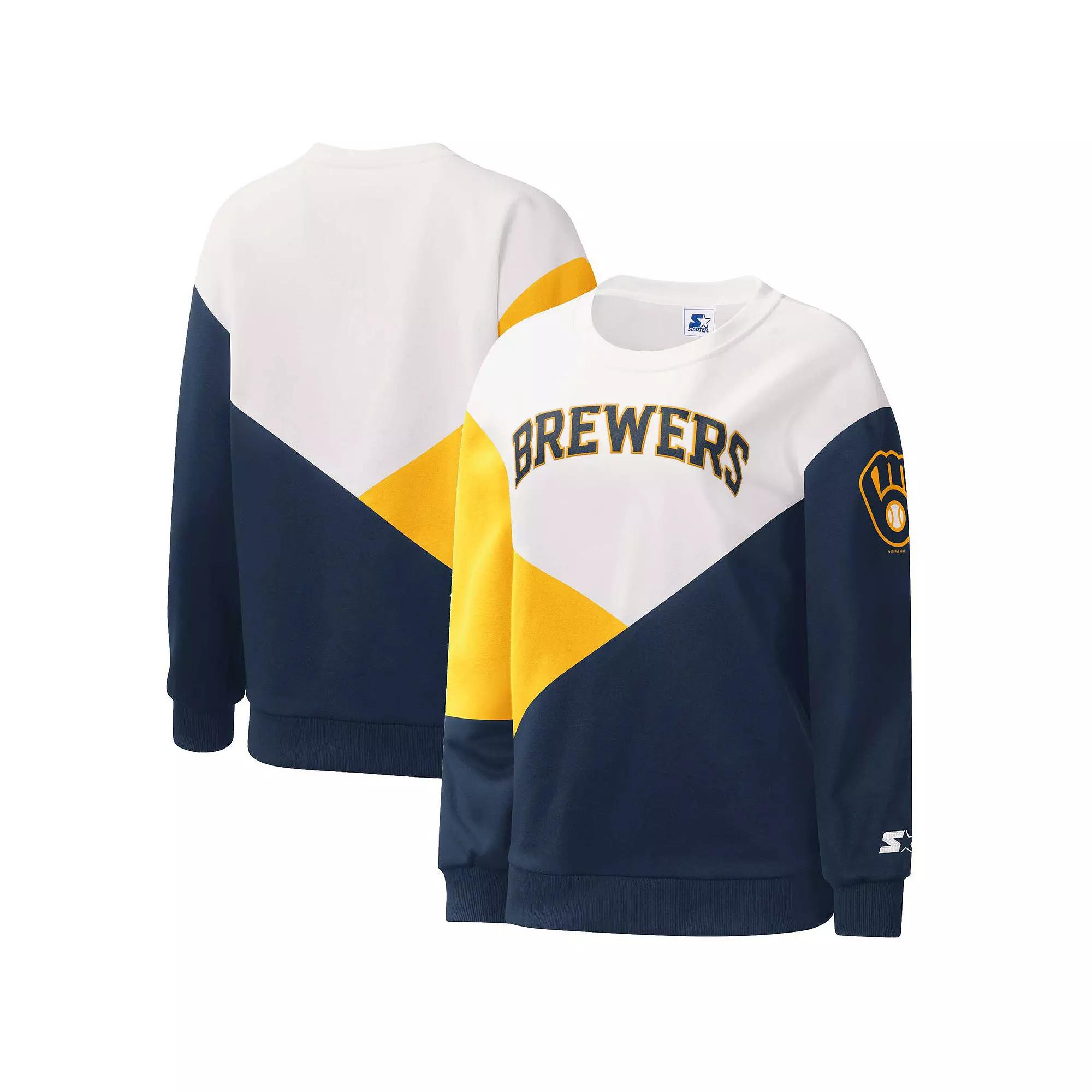 Women's Starter White/Navy Milwaukee Brewers Shutout Pullover Sweatshirt, Size: XS Product Image